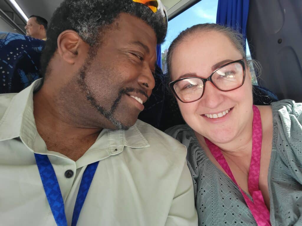 Sadie and Kevin on the bus in Cabo